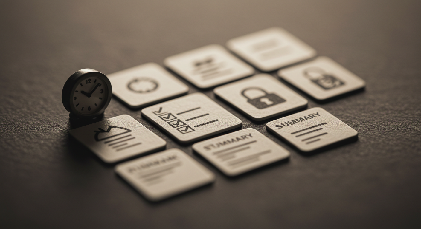 미니어처 스티키노트&middot;체크리스트&middot;시계&middot;자물쇠 아이콘을 틸트쉬프트로 촬영한 이미지