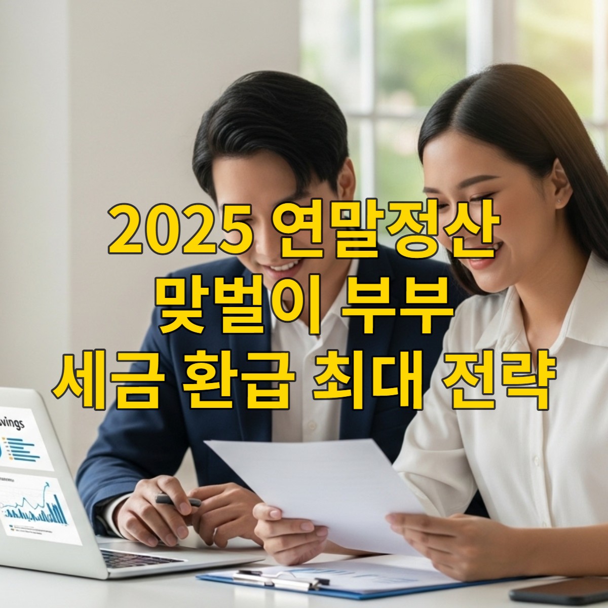 노트북으로 2025년 연말정산 서류를 확인하며 세액공제 전략을 논의하는 30대 맞벌이 부부