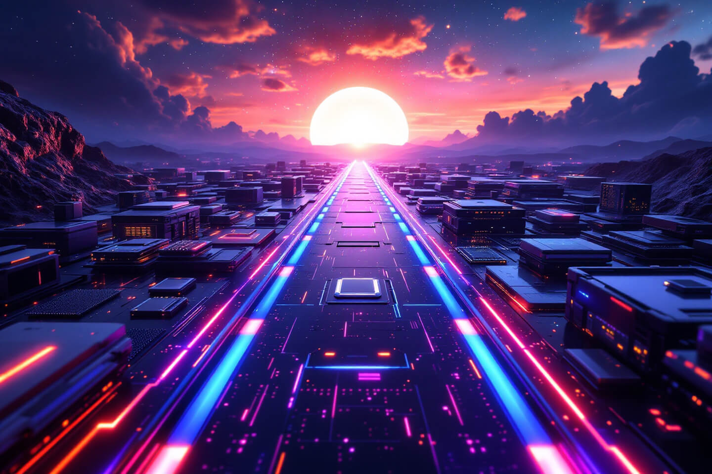해질녘 태양이 떠오르는 미래 도시를 배경으로 반도체 칩과 디지털 회로가 길게 이어진 이미지. 핑크와 파란색의 네온빛이 도시 전체를 연결하며 알터마그네티즘 기반의 혁신 기술을 강조합니다