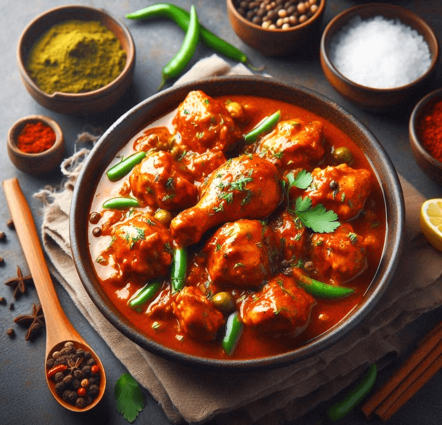 둥그런 고동색 접시에 붉은색 소스로 양념한 닭고기 요리가 가득 들어있다. 주변엔 고추, 후추, 고춧가루, 녹차가루가 담긴 그릇들이 있다.