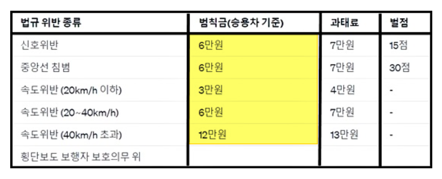 교통범칙금 종류 및 금액 알아보기