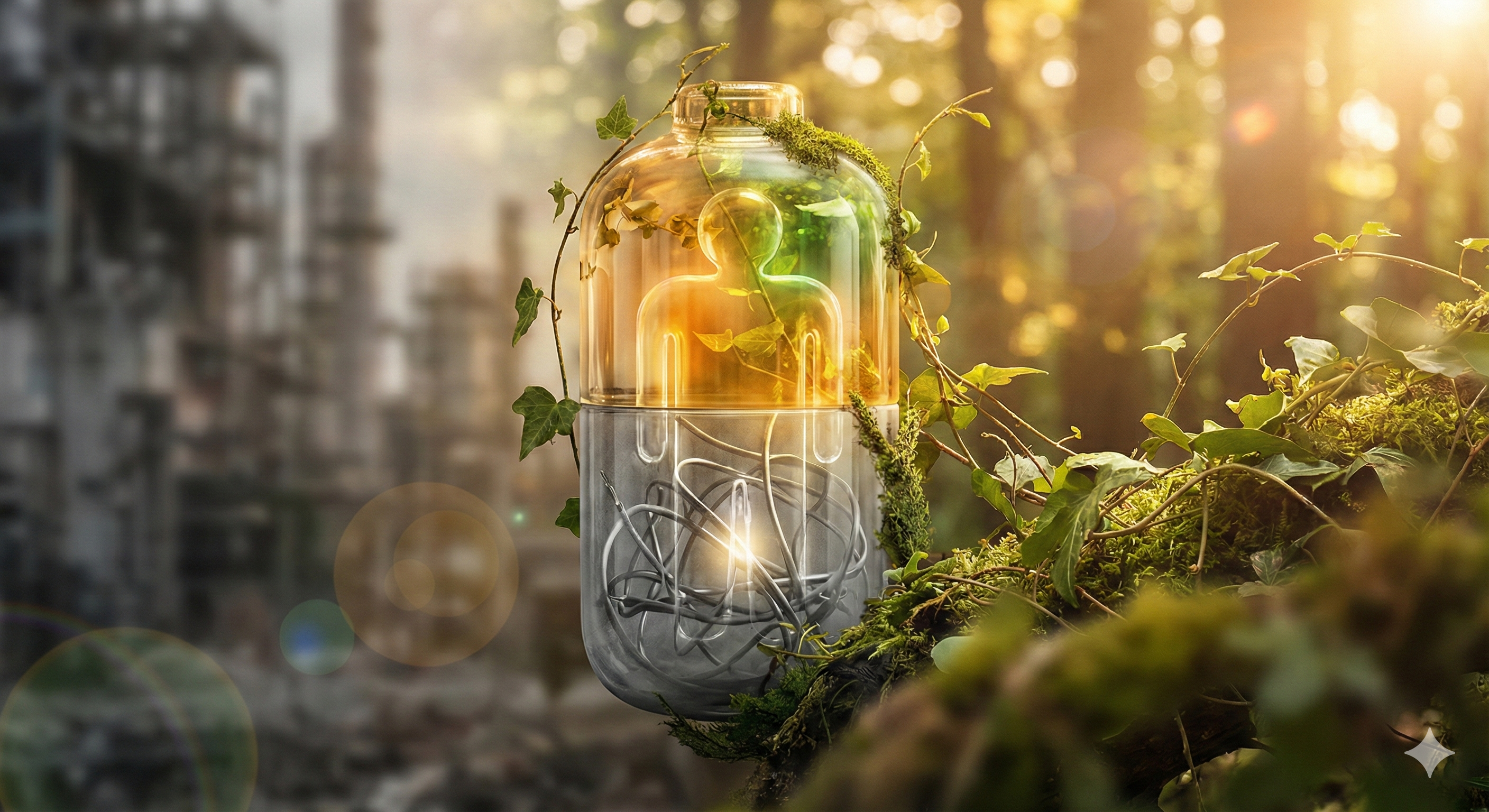 방전된 배터리가 자연 속에서 서서히 충전되며 빛을 발하는 치유의 이미지