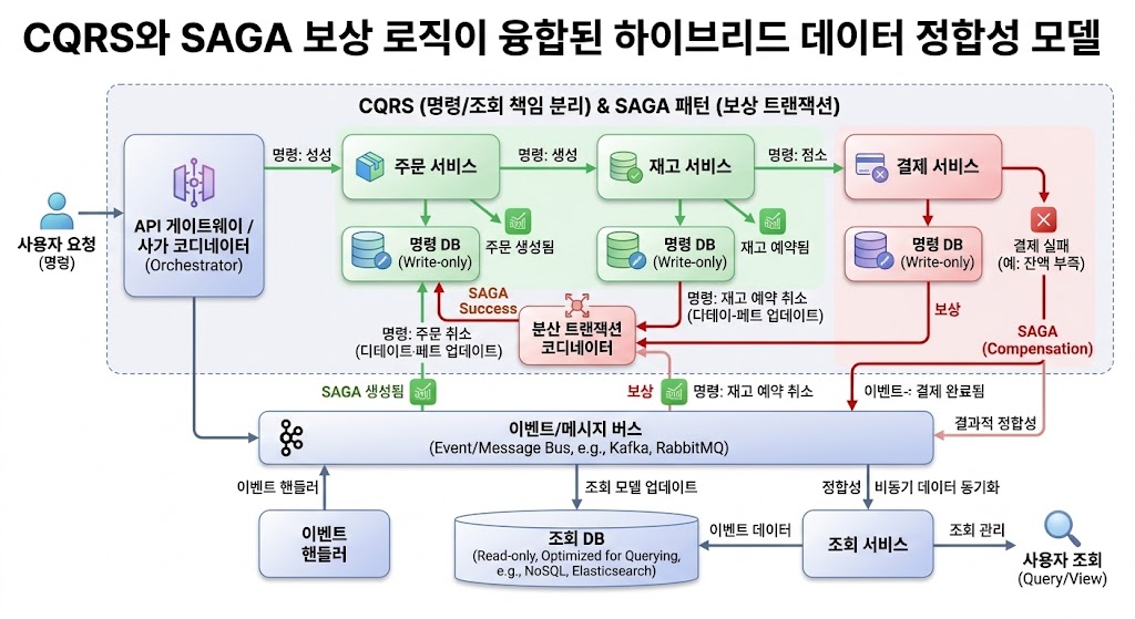 CQRS 명령 및 조회 모델을 격리하고 SAGA 보상 메커니즘을 비동기식으로 자율 조정하는 하이브리드 아키텍처