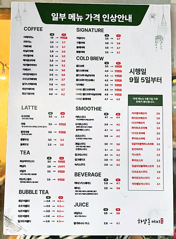하삼동 커피 메뉴 가격 인상