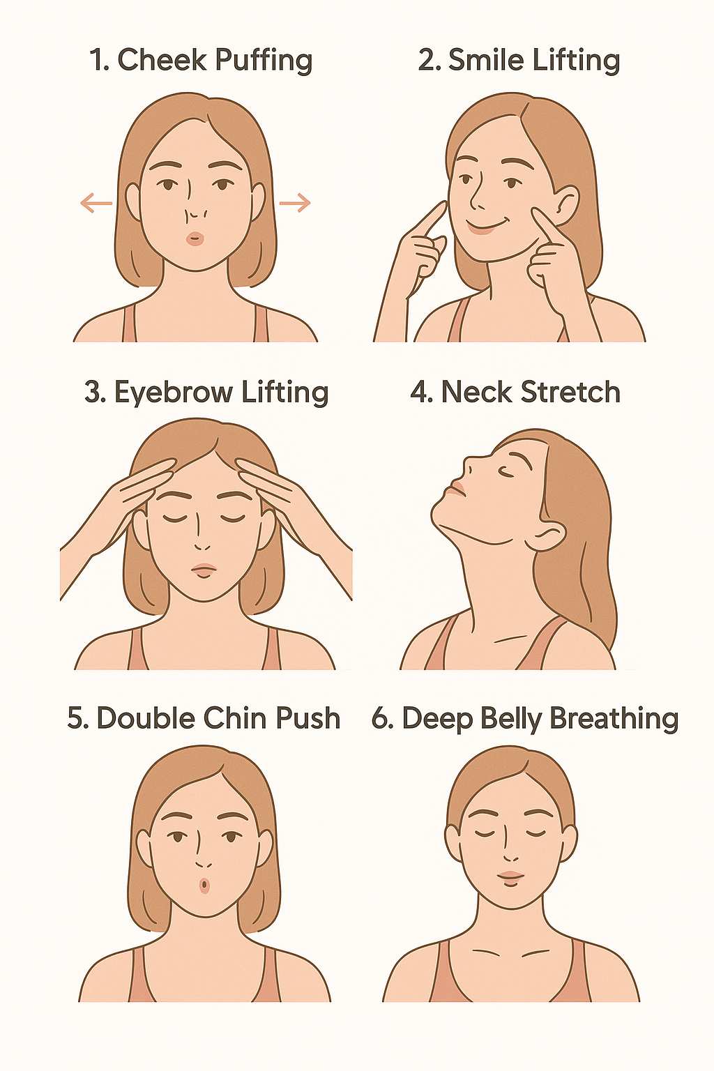 얼굴 운동 동작 6가지 일러스트. 볼 부풀리기, 미소 올리기, 눈썹 올리기, 목 스트레칭, 턱 밀기, 복식호흡 순서로 표시