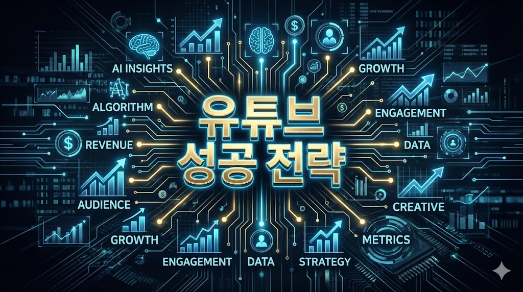 유튜브 성공 전략을 시각화한 인포그래픽으로 데이터 분석과 알고리즘 최적화를 나타내는 비즈니스 디자인 이미지