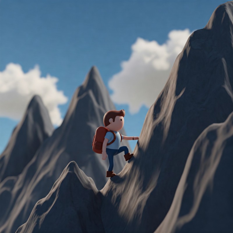 높은 눈 덮인 산을 용감하게 오르는 작은 사람의 3D 일러스트레이션. 모험적인 분위기가 느껴진다.