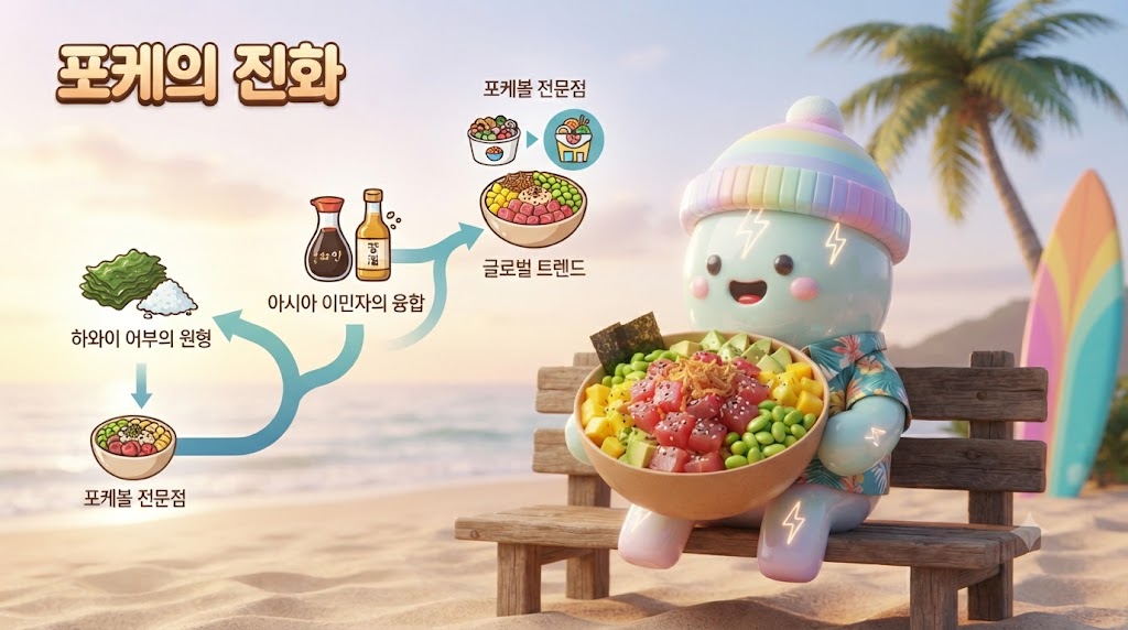 하와이의 아름다운 노을이 지는 해변가, 3D 쫀쿠가 서핑보드 옆에 앉아 글로벌하게 변신한 포케볼을 들고 있습니다. 신선한 아히(참치)에 아보카도, 망고, 김치 소스, 마요네즈가 어우러진 화려한 포케볼이 입체적으로 표현되었습니다. 배경에는 '하와이 어부의 밥그릇'에서 '글로벌 트렌드'로 진화하는 연대기가 귀여운 아이콘으로 그려져 있습니다.