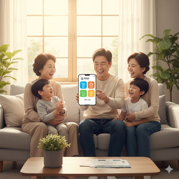 따뜻한 가정에서 가족이 복지로 앱으로 기초생활보장 신청 화면 보는 장면. 생계, 의료, 주거, 교육 급여와 통신&middot;전기 감면 아이콘, 희망적인 분위기