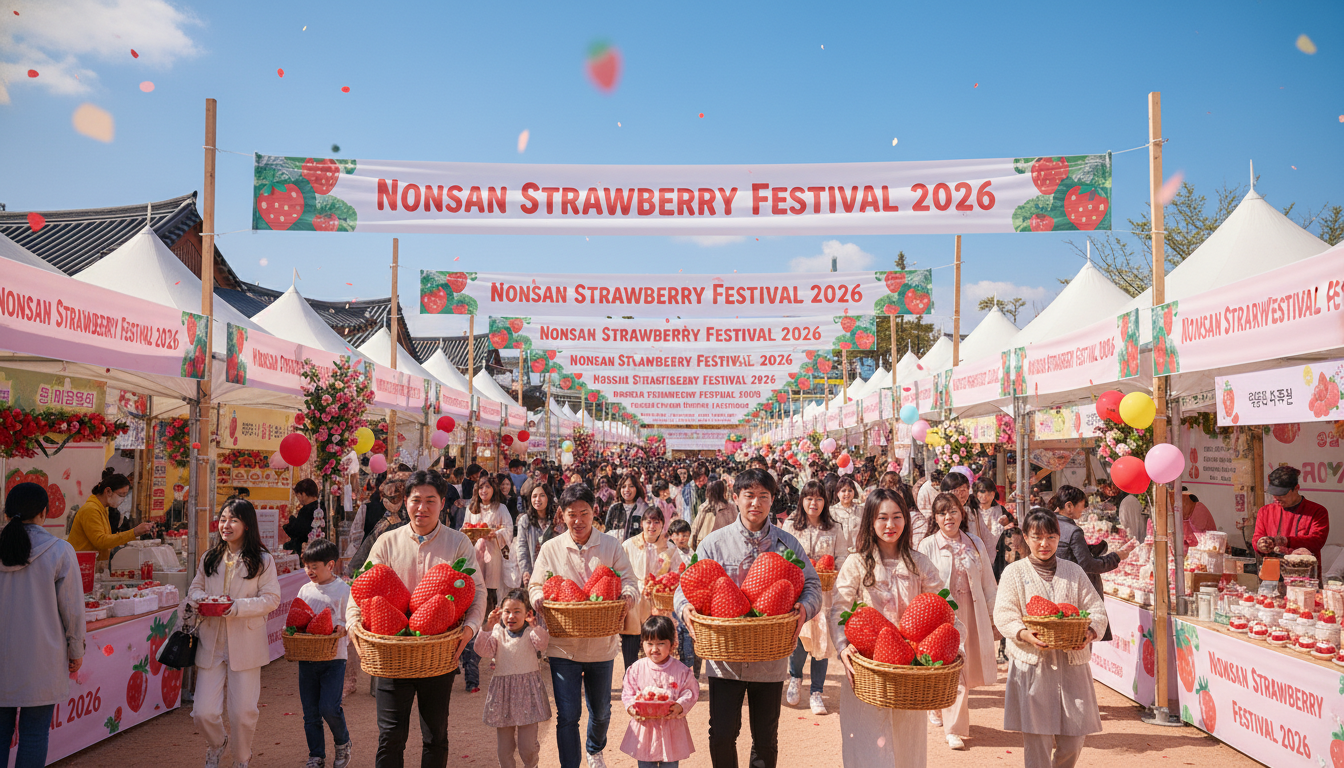 2026 논산 딸기축제 입구와 딸기 바구니를 들고 즐거워하는 가족들의 모습
