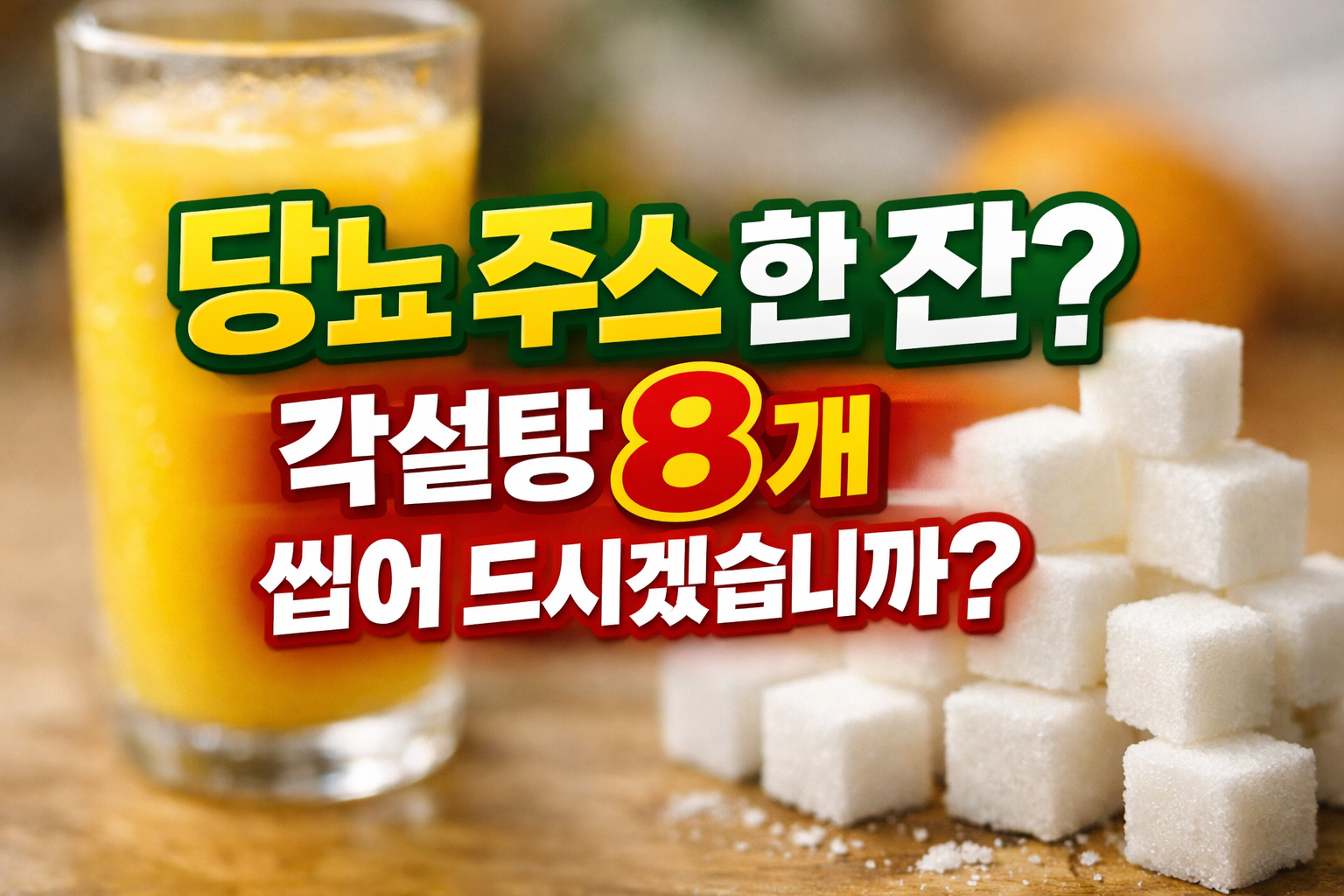 오렌지 주스 컵과 각설탕 더미 배경에 “당뇨 주스 한잔? 각설탕 8개 씹어 드시겠습니까?” 문구가 크게 들어간 썸네일 이미지