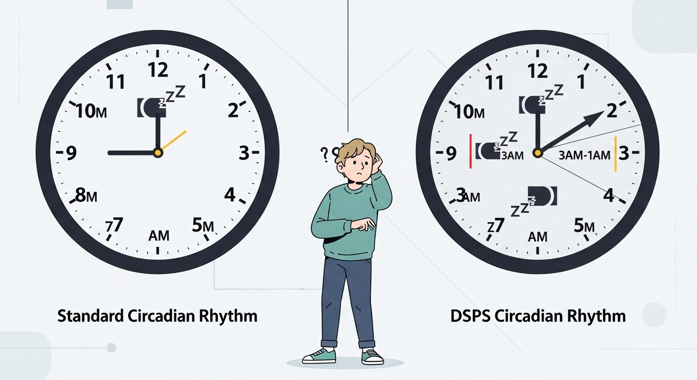일반적인 생체 시계와 수면 지연 증후군 환자의 생체 시계를 비교하여 보여주는 시계 이미지.
추천 파일명: standard-vs-dsps-circadian-rhythm.webp