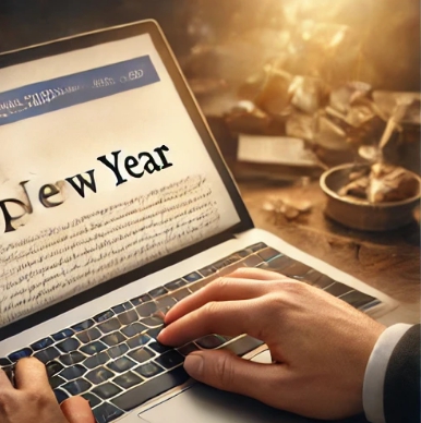 컴퓨터로 인사말 작성하는 모습