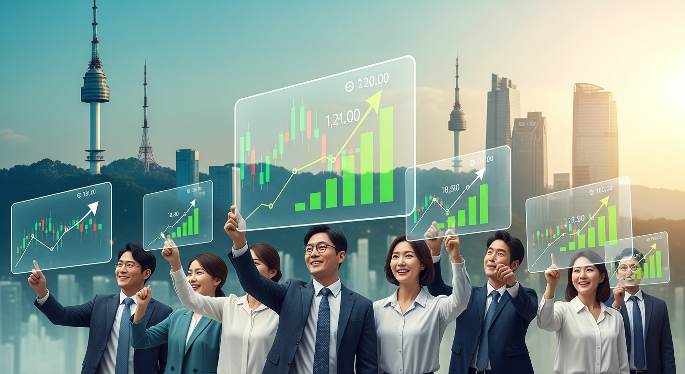 밝은 표정의 다양한 소액 투자자들이 상승하는 한국 주식 시장 그래프를 보며 환하게 웃고 있는 모습. N서울타워와 서울 빌딩들이 배경에 희미하게 보이며, 국내 증시 활성화와 장기 투자의 긍정적 효과를 상징합니다.