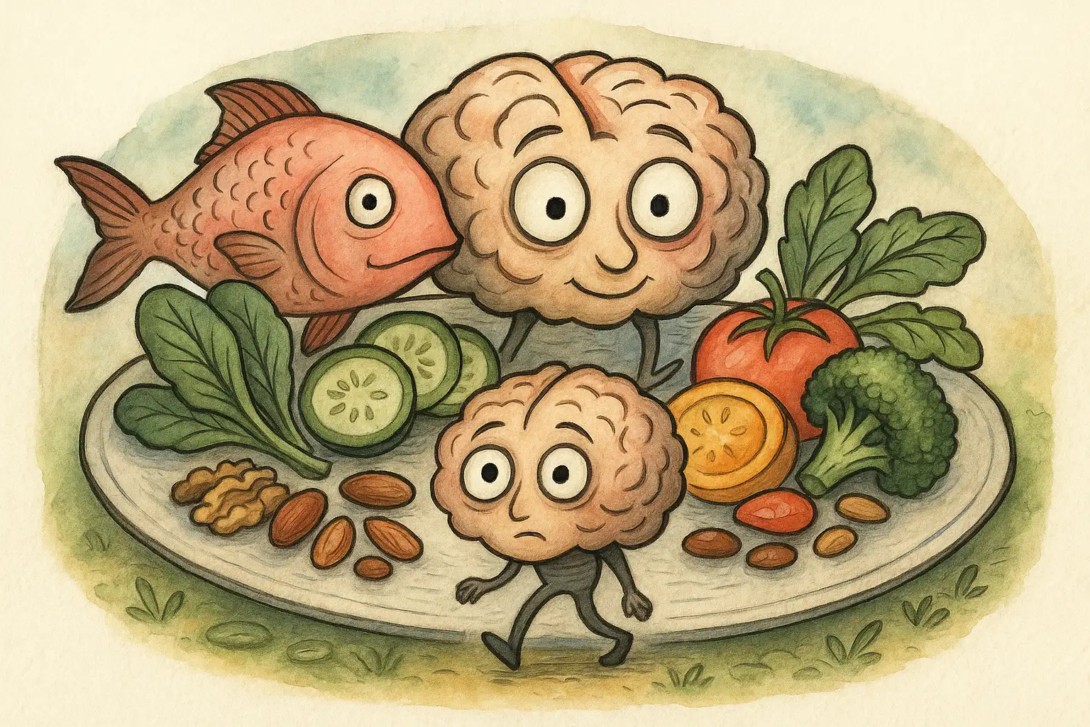 뇌 건강에 좋은 음식인 오메가-3 풍부 생선, 다양한 견과류, 비타민B군 식품, 다채로운 채소와 과일이 접시에 담긴 모습