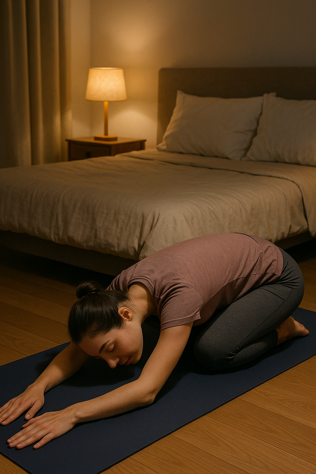 자기 전 요가를 하고 있는 여성