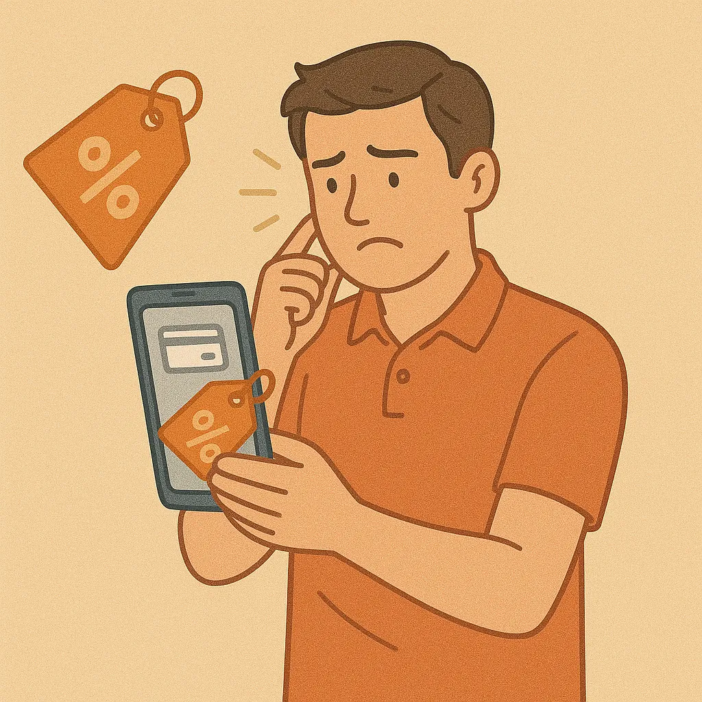 스마트폰으로 간편결제 할인 정보를 확인하며 고민하는 남성의 일러스트