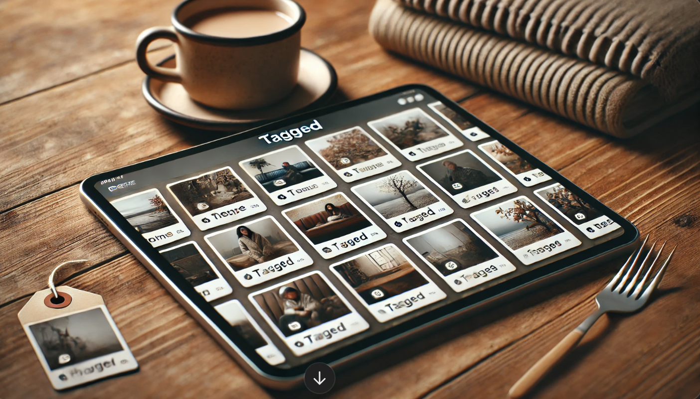 나무 테이블 위에 놓인 태블릿에서 다양한 태그가 있는 사진들을 보여주는 사진