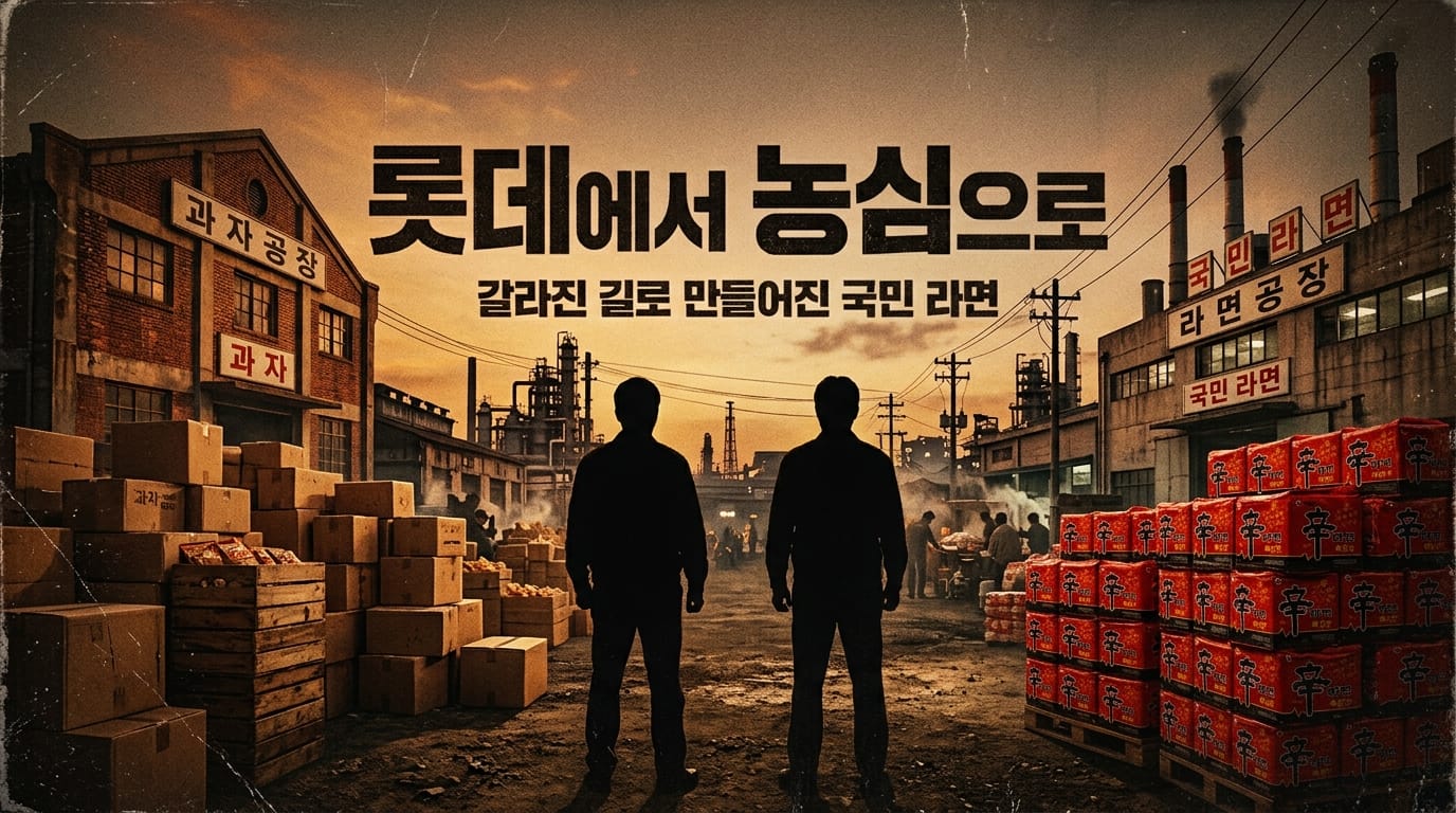 롯데공업과 농심의 갈라진 길을 표현한 이미지