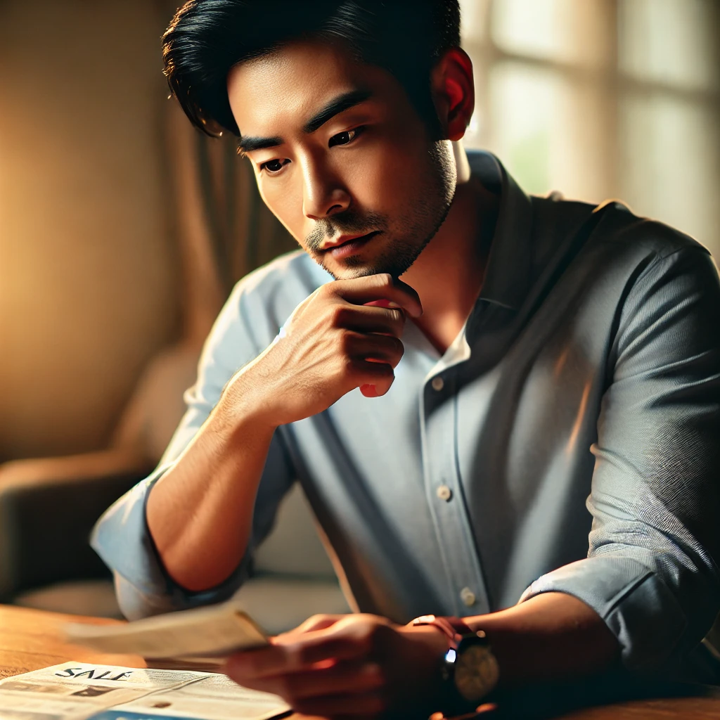 세일 광고를 보면서 신중하게 고민하는 모습