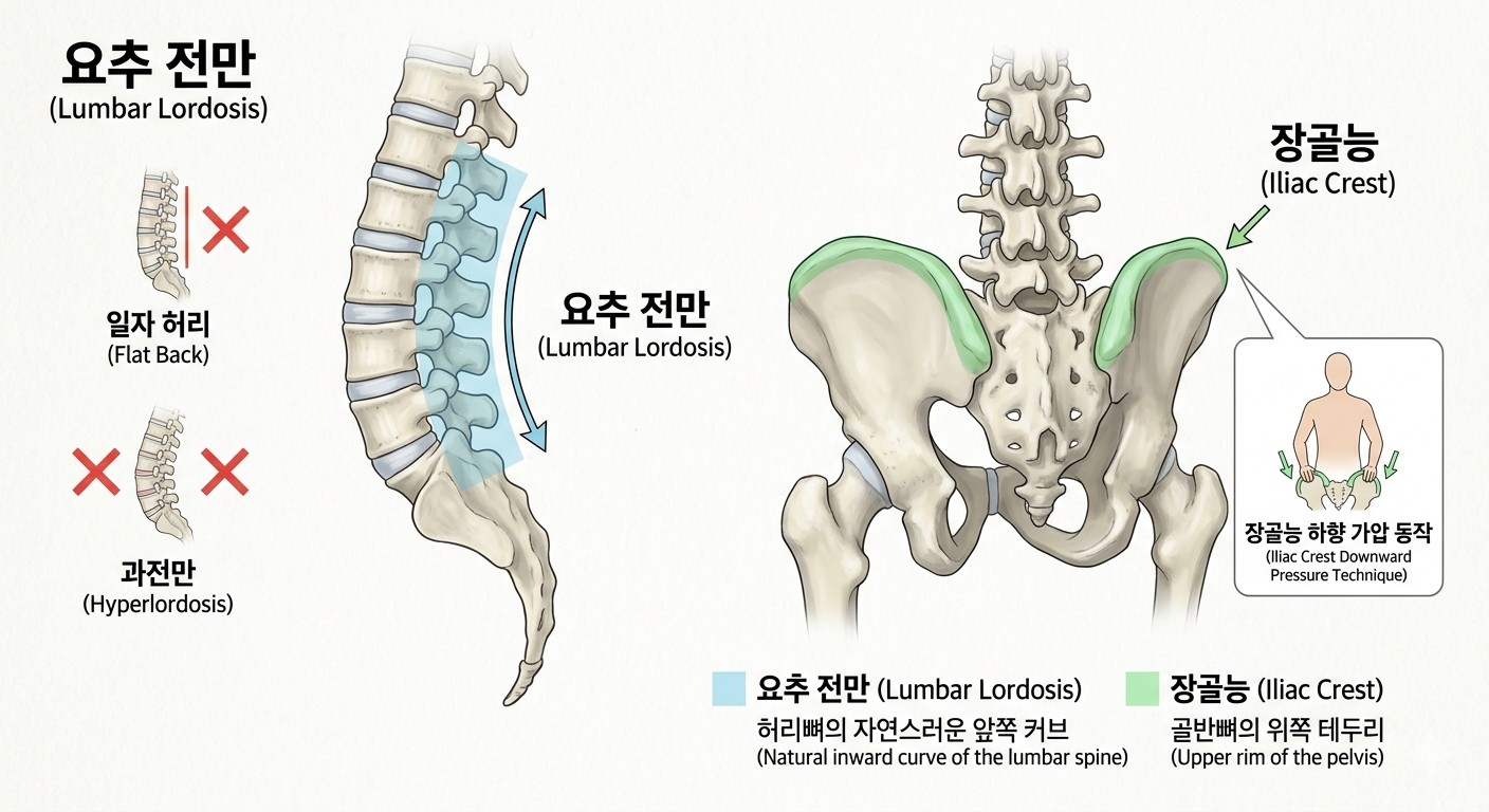 요추 전만은 허리뼈(Lumbar)가 완만한 'S'자 곡선을 그리며 앞쪽(배 쪽)으로 굽는 자세이며. 장골능은, 골반뼈의 가장 윗부분 테두리가 툭 튀어나와 있는 상태를 설명한 이미지.