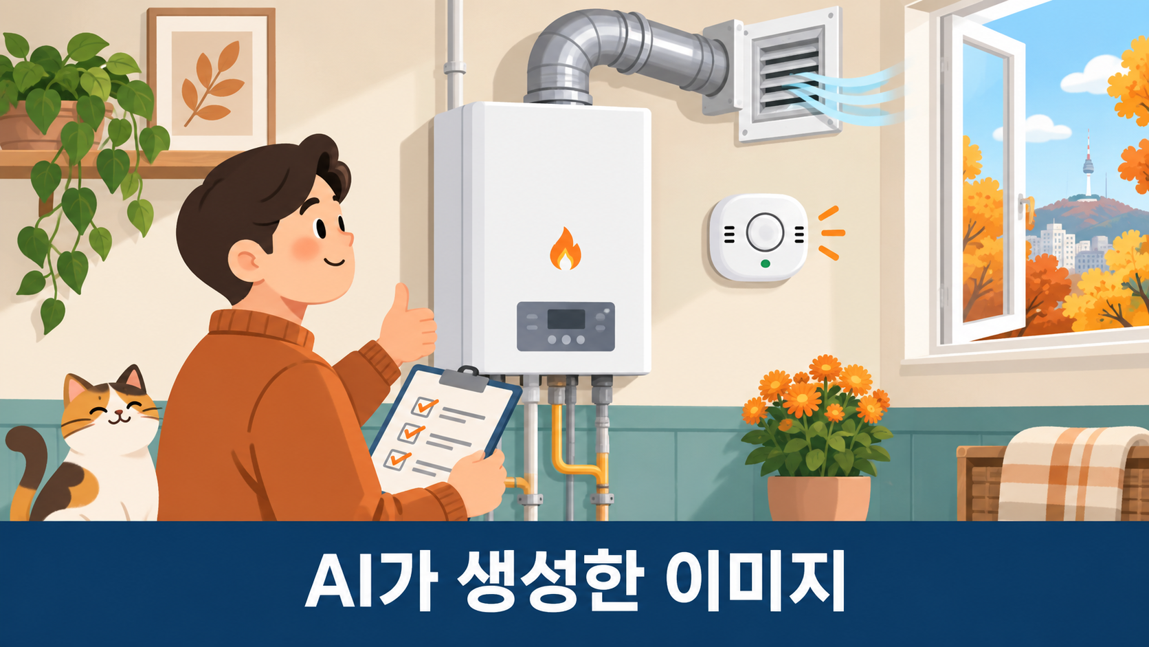 가을철 가스보일러의 배기통, 환기구, 일산화탄소 경보기를 점검하는 안전 안내 일러스트