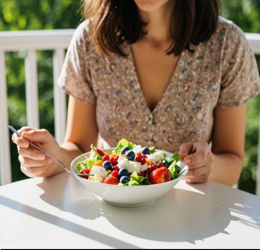 황반변성 초기증상으로 눈에 좋은 음식 먹는 여성 사진