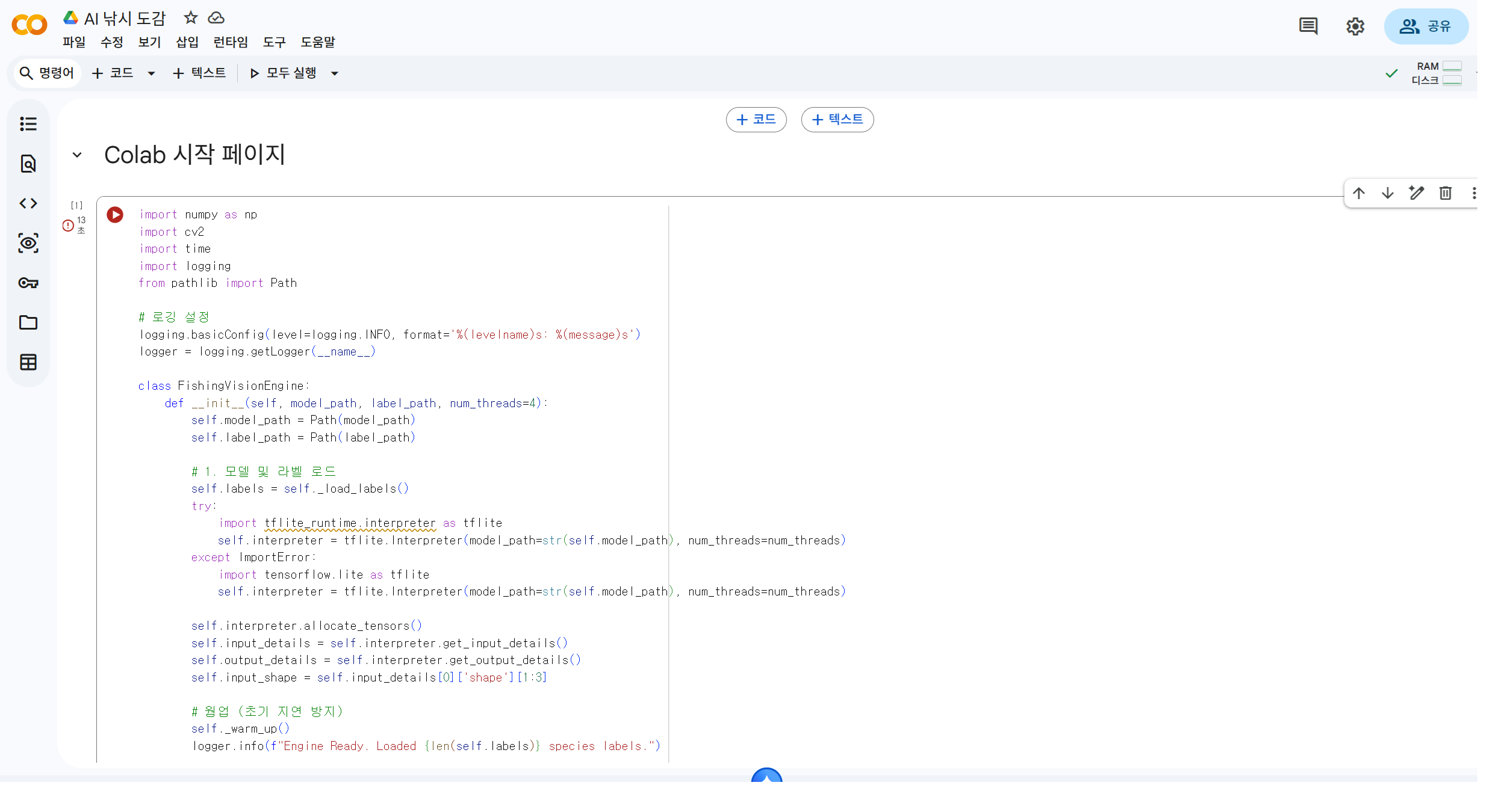 Python과 TensorFlow Lite로 모바일 영상 처리를 시도하는 실제 개발 코드 화면