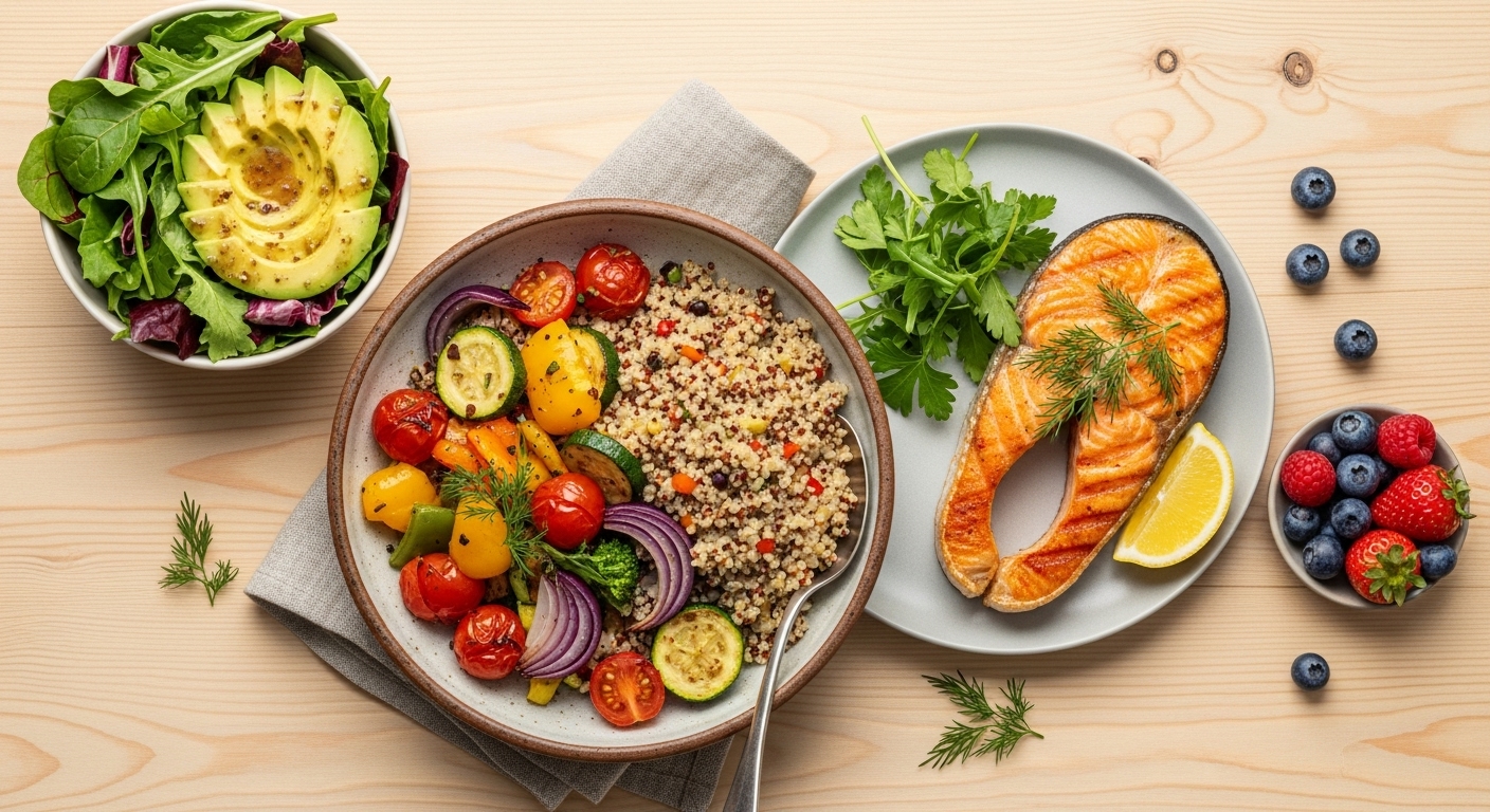 혈당 조절에 좋은 통곡물, 연어, 채소, 아보카도로 구성된 건강한 간헐적 단식 섭취 식단