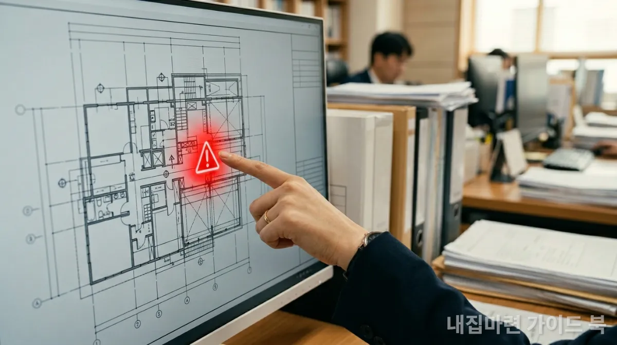 컴퓨터 화면에서 건축물대장 위반 사항을 확인하는 모습