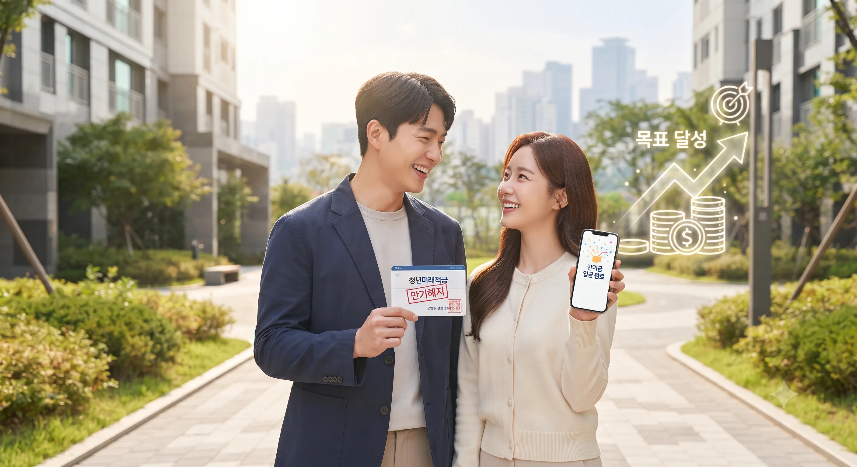 도심 속 야외에서 청년미래적금 만기 해지 통장과 만기금 입금완료 스마트폰을 들고 미소 짓는 남녀