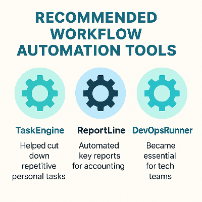 2025년 기준 추천 자동화 툴 3종(TaskEngine, ReportLine, DevOpsRunner)의 주요 기능과 핵심 장점을 직관적으로 비교한 시각 자료