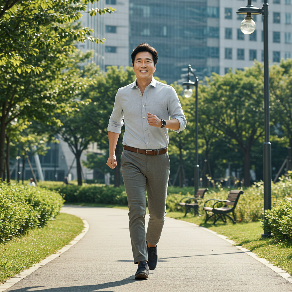 활기찬 오후, 도심 속 공원에서 기분 좋게 걷고 있는 중년 남성의 모습