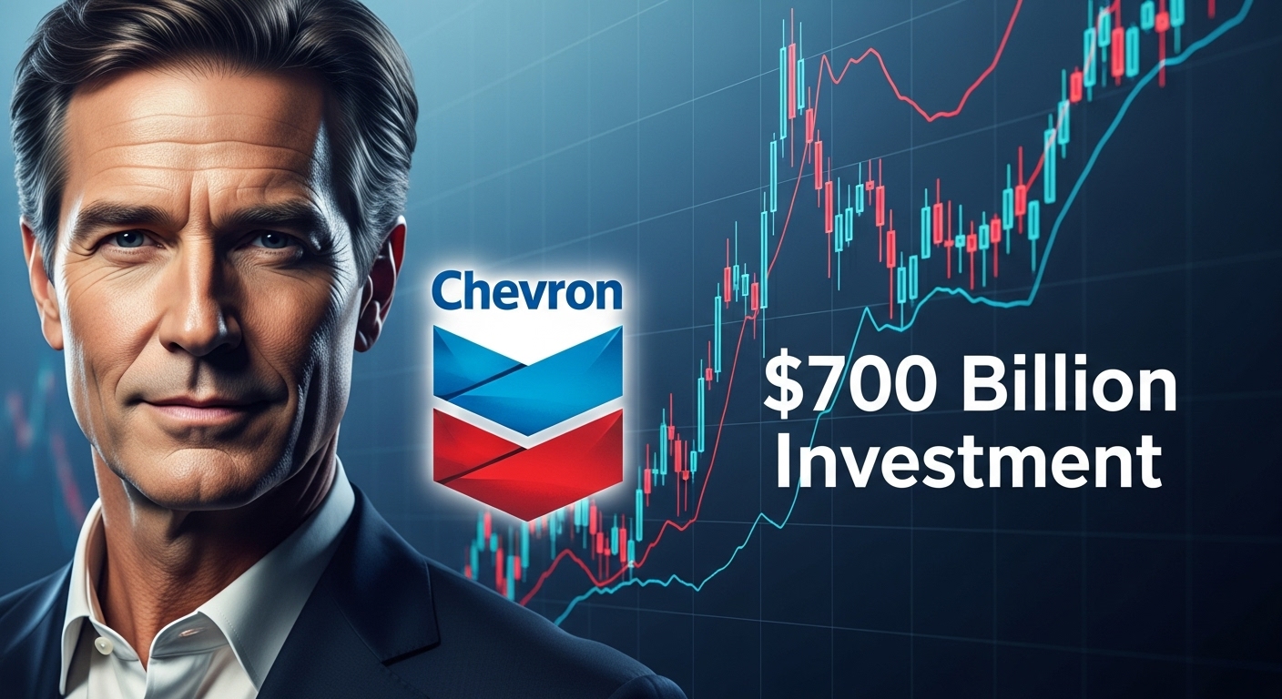 셰브론 로고, 그리고 7000억 원을 상징하는 역동적인 차트 이미지