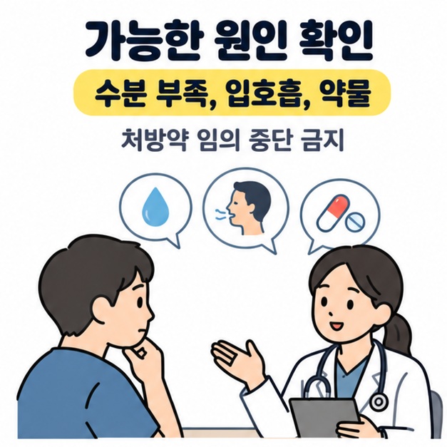 수분 부족과 입호흡 및 약물의 가능성을 의료진과 상담하며 처방약을 임의로 중단하지 말라는 문구가 있는 그림