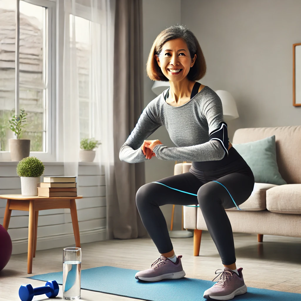 밝은 거실에서 홈트레이닝(스쿼트 또는 밴드 운동)을 하고 있는 중년 여성