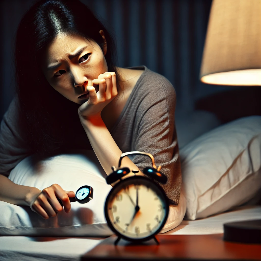 잠을 이루지 못해 괴로워하는 여성