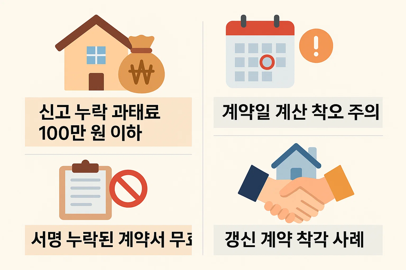 신고 누락 과태료, 계약일 착오, 서명 누락 등 자주 발생하는 실수 사례와 갱신 계약 착각 사례를 정리한 인포그래픽.