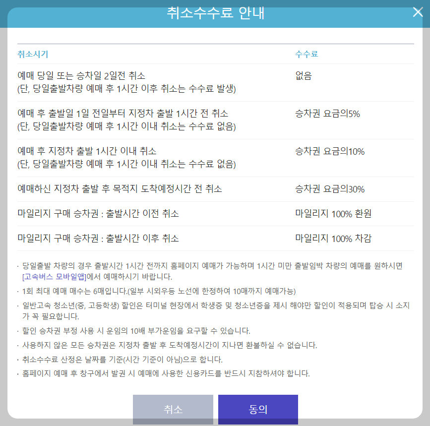 대전 고속버스터미널 취소 수수료 안내문