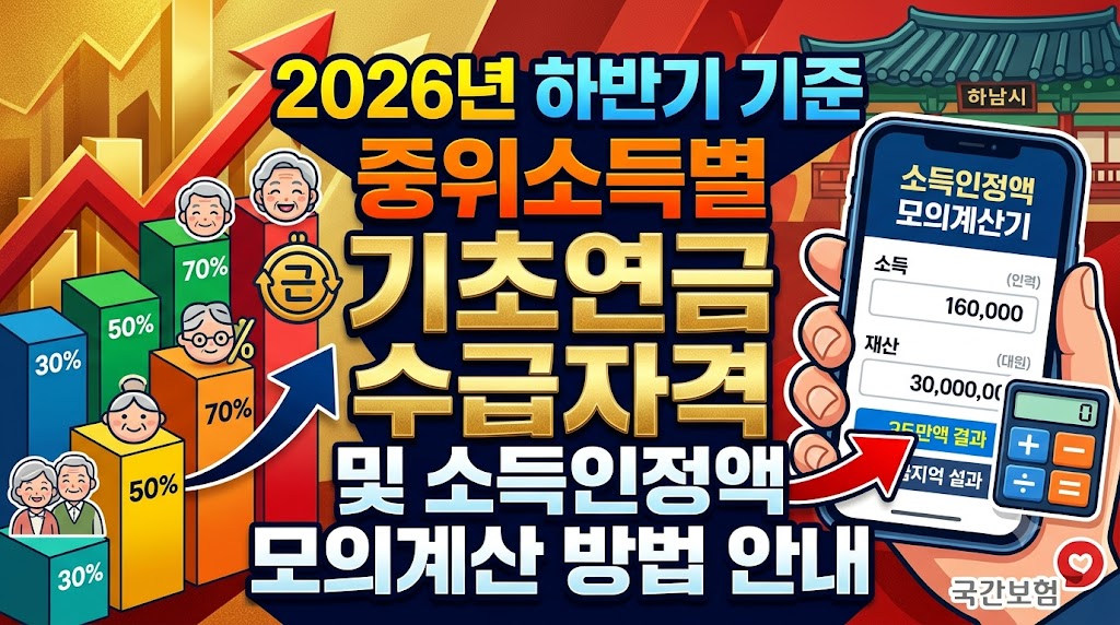 2026년 하반기 기준 중위소득별 기초연금 수급자격 및 소득인정액 모의계산 방법 안내라는 큰 글자가 적힌 화려하고 눈에 띄는 유튜브 스타일의 썸네일 이미지. 왼쪽에는 소득 비율(30%, 50%, 70%)을 나타내는 입체적인 막대그래프와 시니어 캐릭터 일러스트가 있고, 오른쪽에는 스마트폰 화면에 소득인정액 모의계산기 앱과 계산기 일러스트가 선명하게 표현되어 있습니다