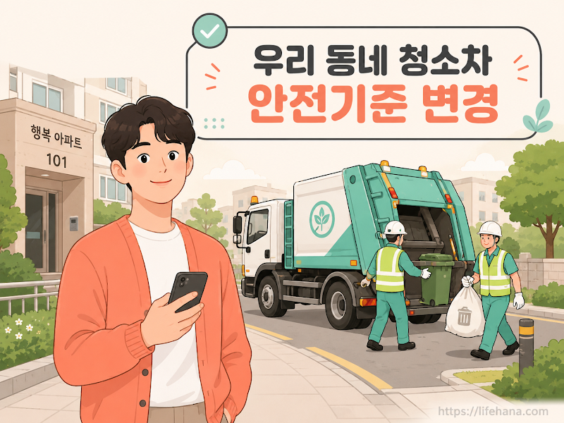 아파트 단지 내에서 안전장치를 갖춘 생활폐기물 수거차량이 작업하는 모습을 걱정스러운 눈빛으로 지켜보는 코랄 가디건을 입은 주민의 일러스트