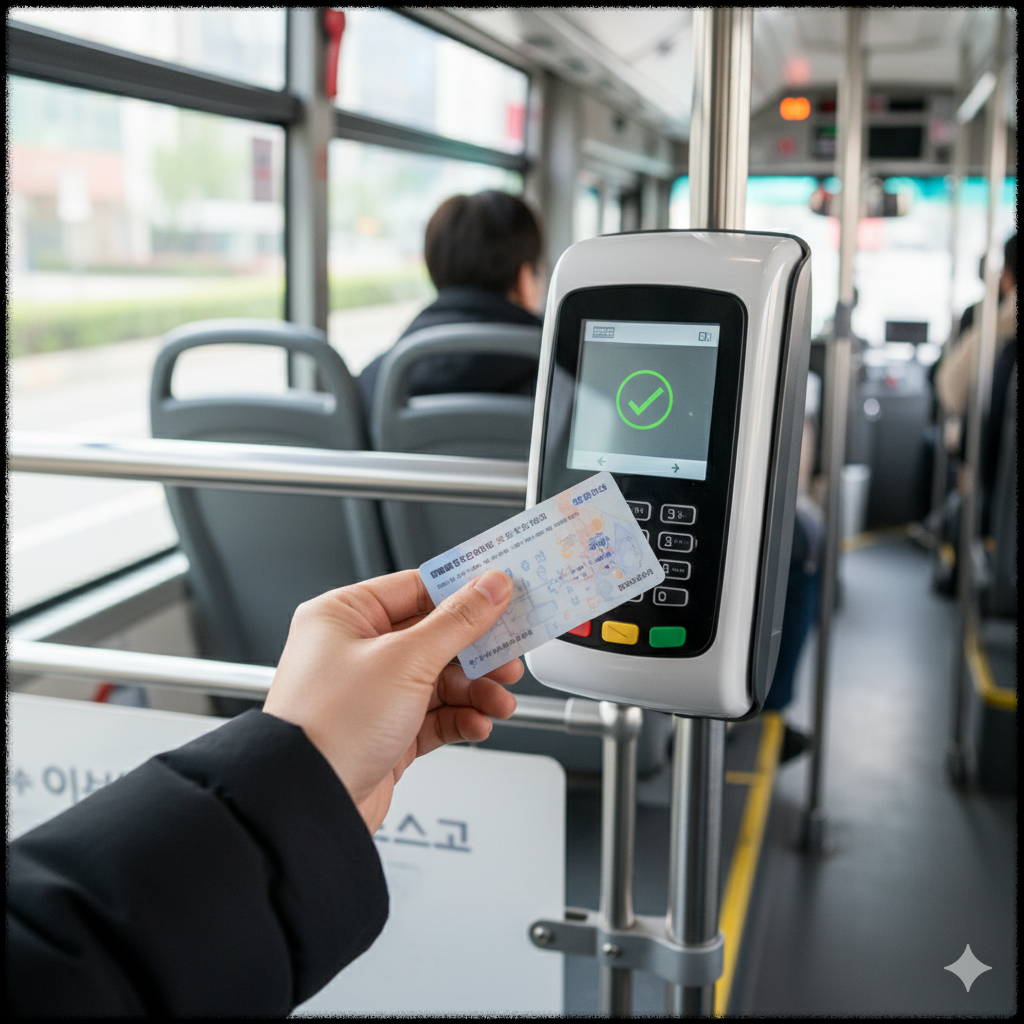 시내버스 카드 리더기에 교통카드를 태그 하는 모습