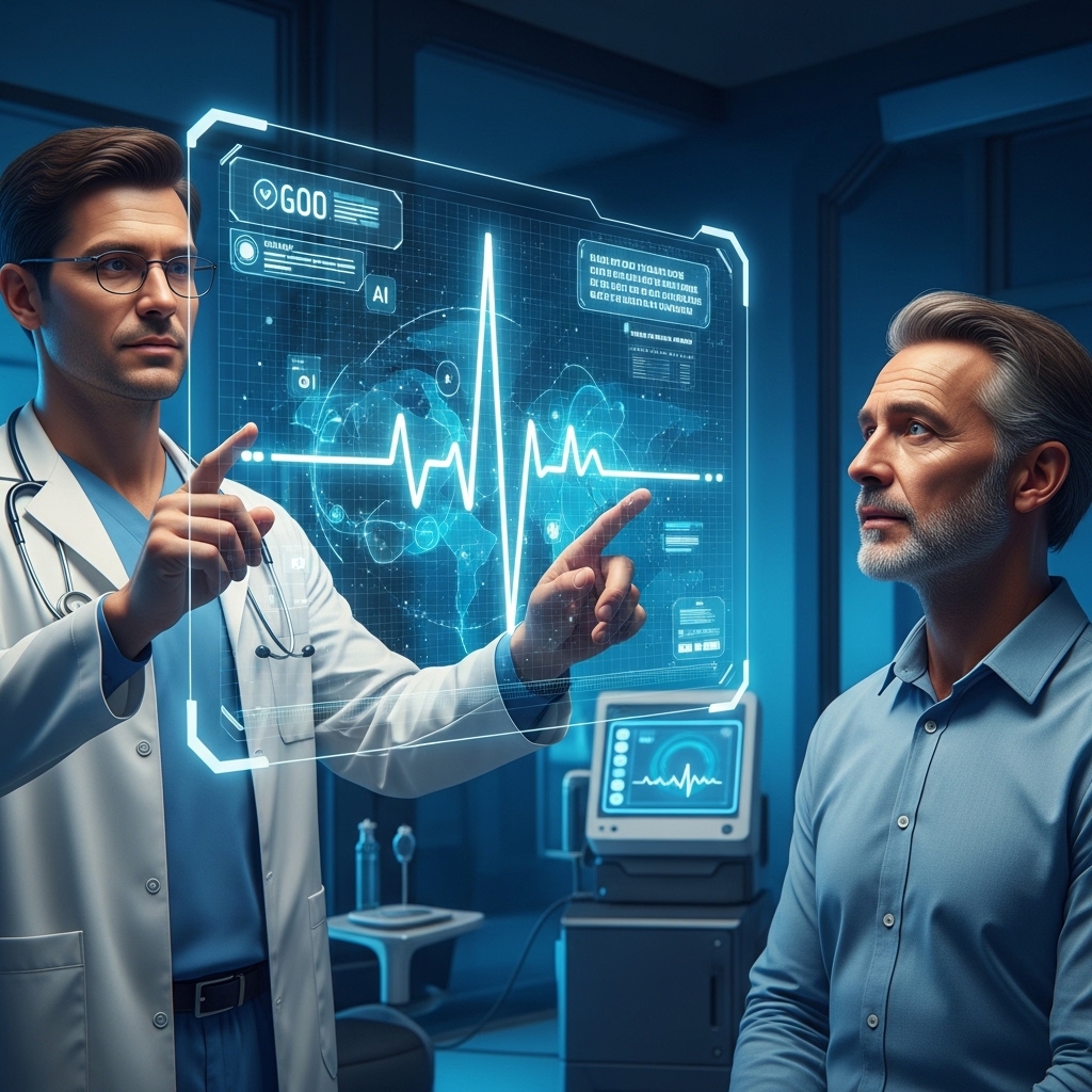 AI 심전도 분석으로 심근경색을 진단하는 의사와 환자의 모습. 최첨단 의료 기술을 통해 빠르고 정확하게 심장 질환을 파악하는 장면.
