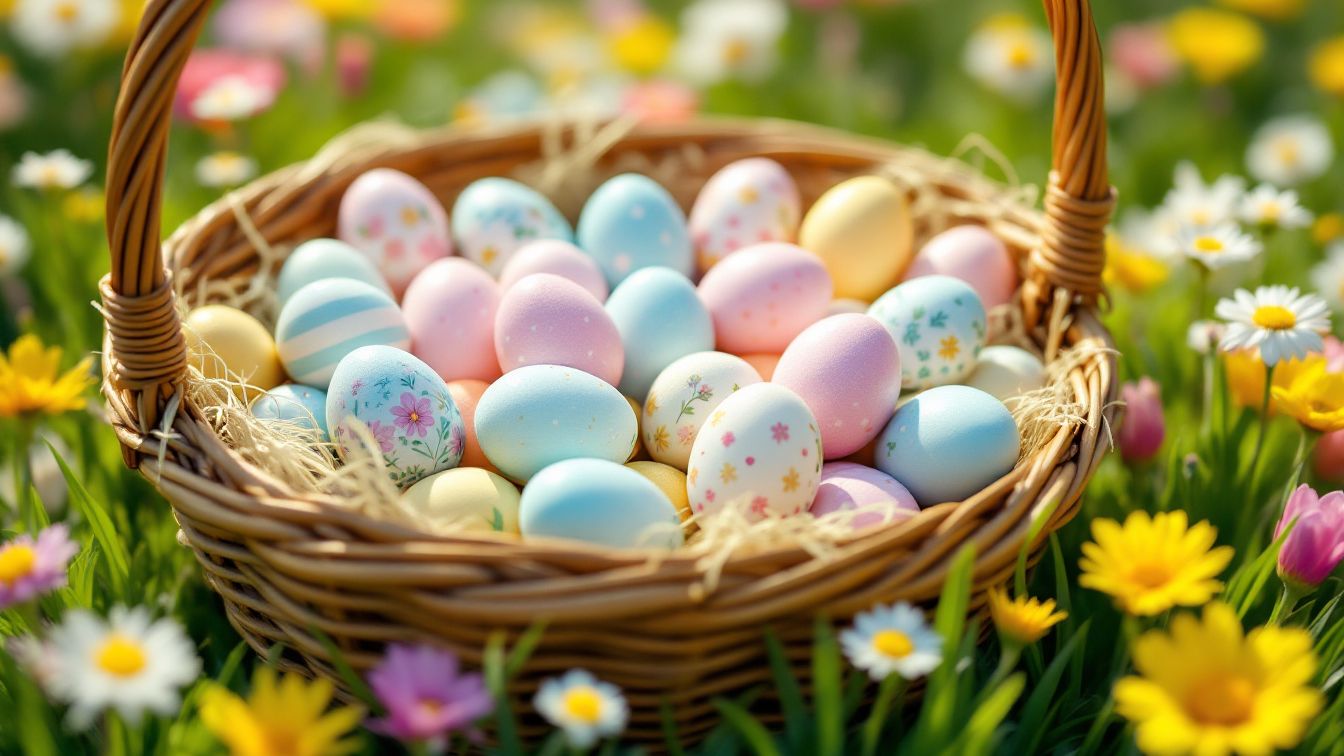부활절 달걀이 가득 담긴 바구니가 봄꽃 사이에 놓여 있는 모습