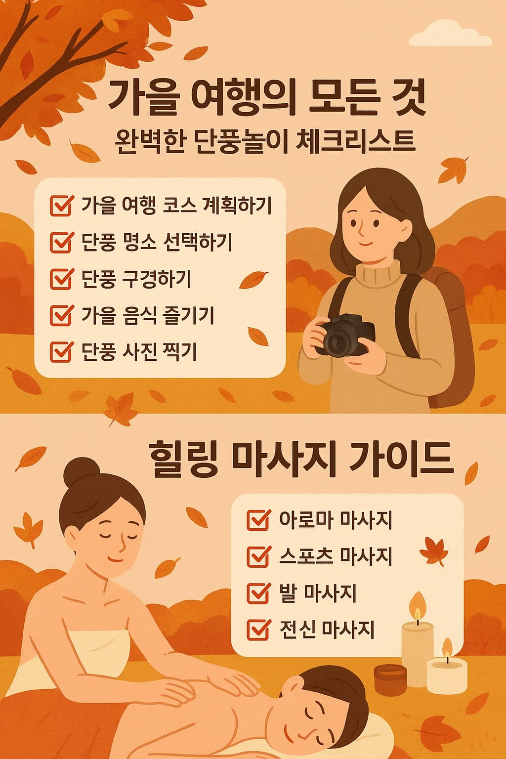 🍂 가을 여행의 모든 것: 완벽한 단풍놀이 체크리스트 &amp; 힐링 마사지 가이드