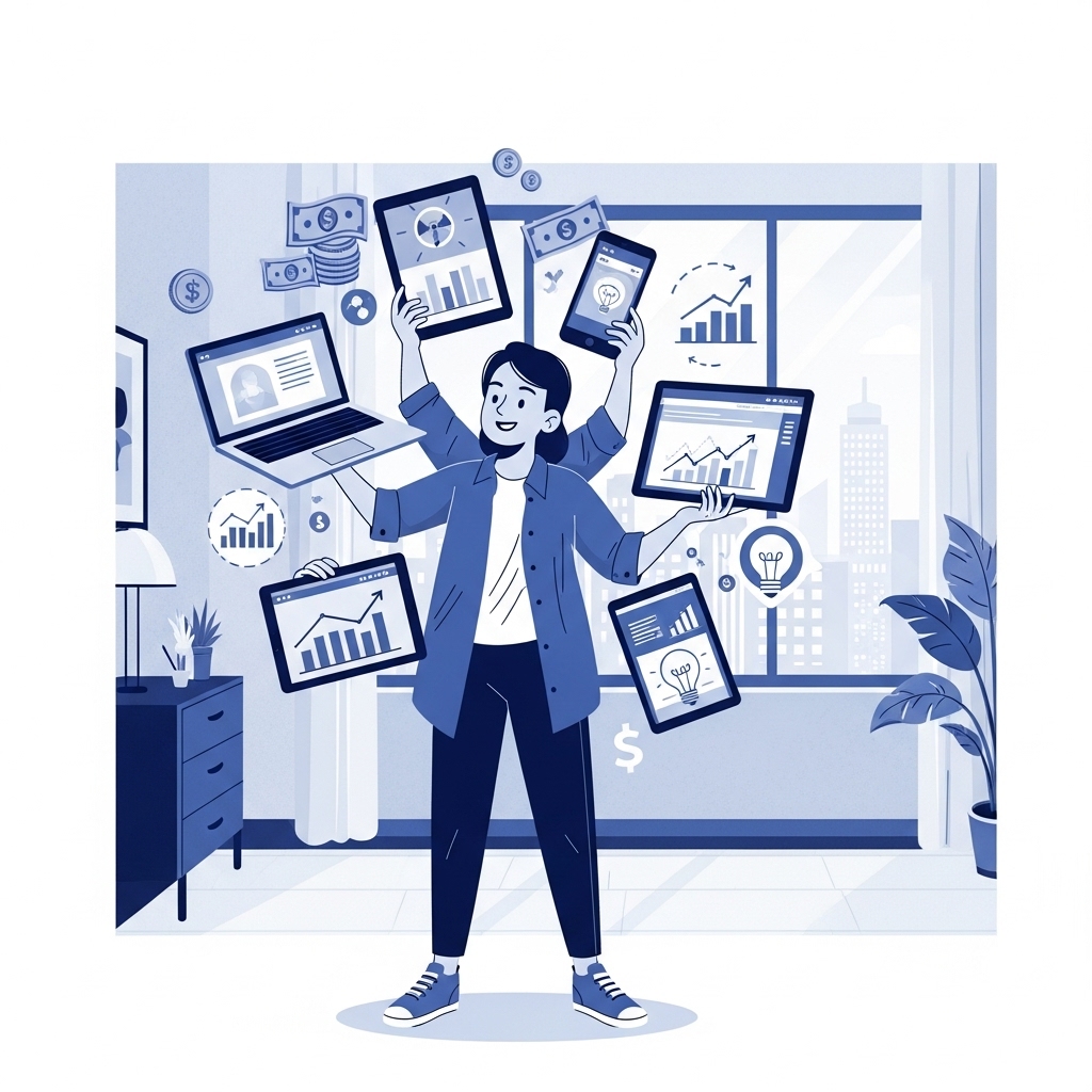 2025년 N잡러가 여러 디지털 기기를 활용하여 다양한 부수입을 창출하며 경제적 자유를 누리는 활기찬 모습