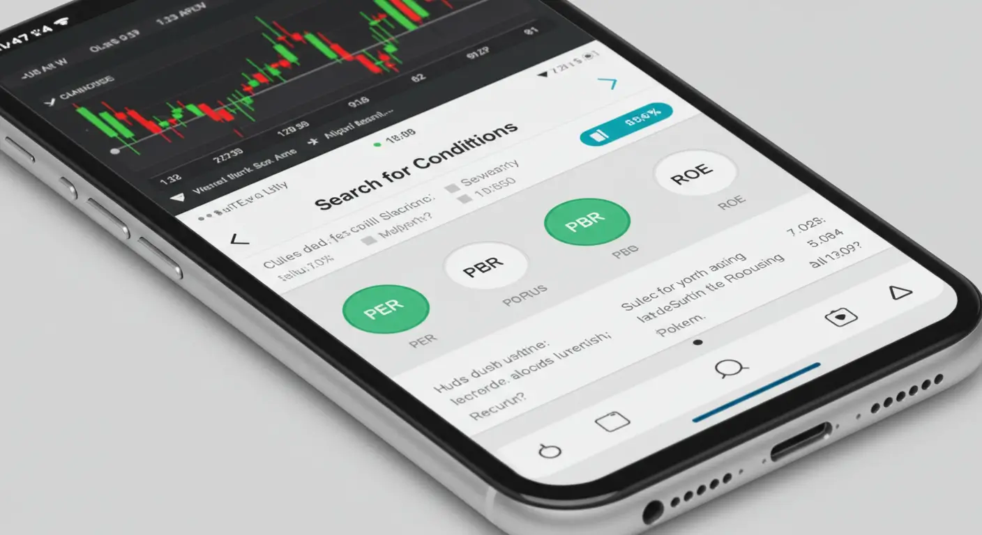 스마트폰 증권사 MTS 앱에서 '조건 검색' 기능을 사용하여 PER, PBR, ROE 필터를 설정하고 있는 실제 화면