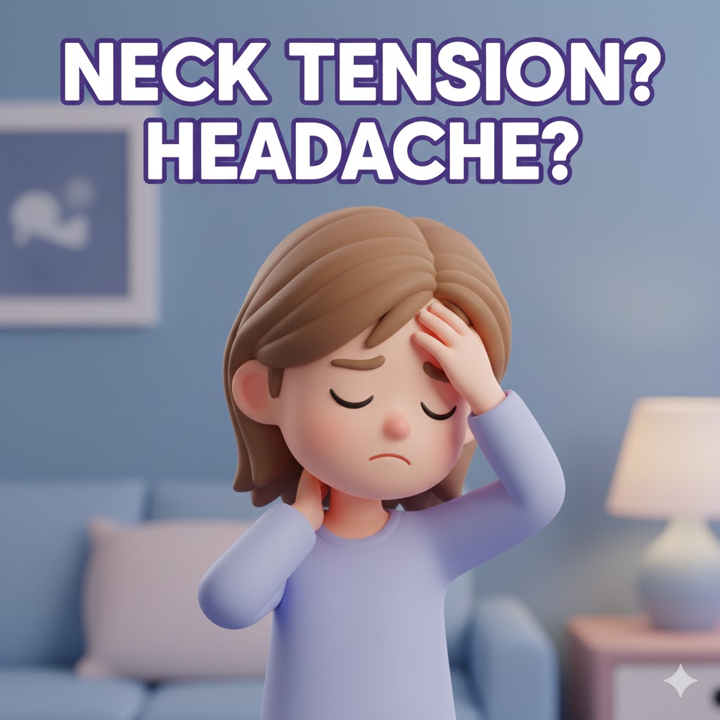 뒷목이 땡기면서 머리가 아픈 불편함을 표현하는 3D 카툰 캐릭터. '뒷목 땡김? 머리 아파요?' 문구가 강조된 이미지.