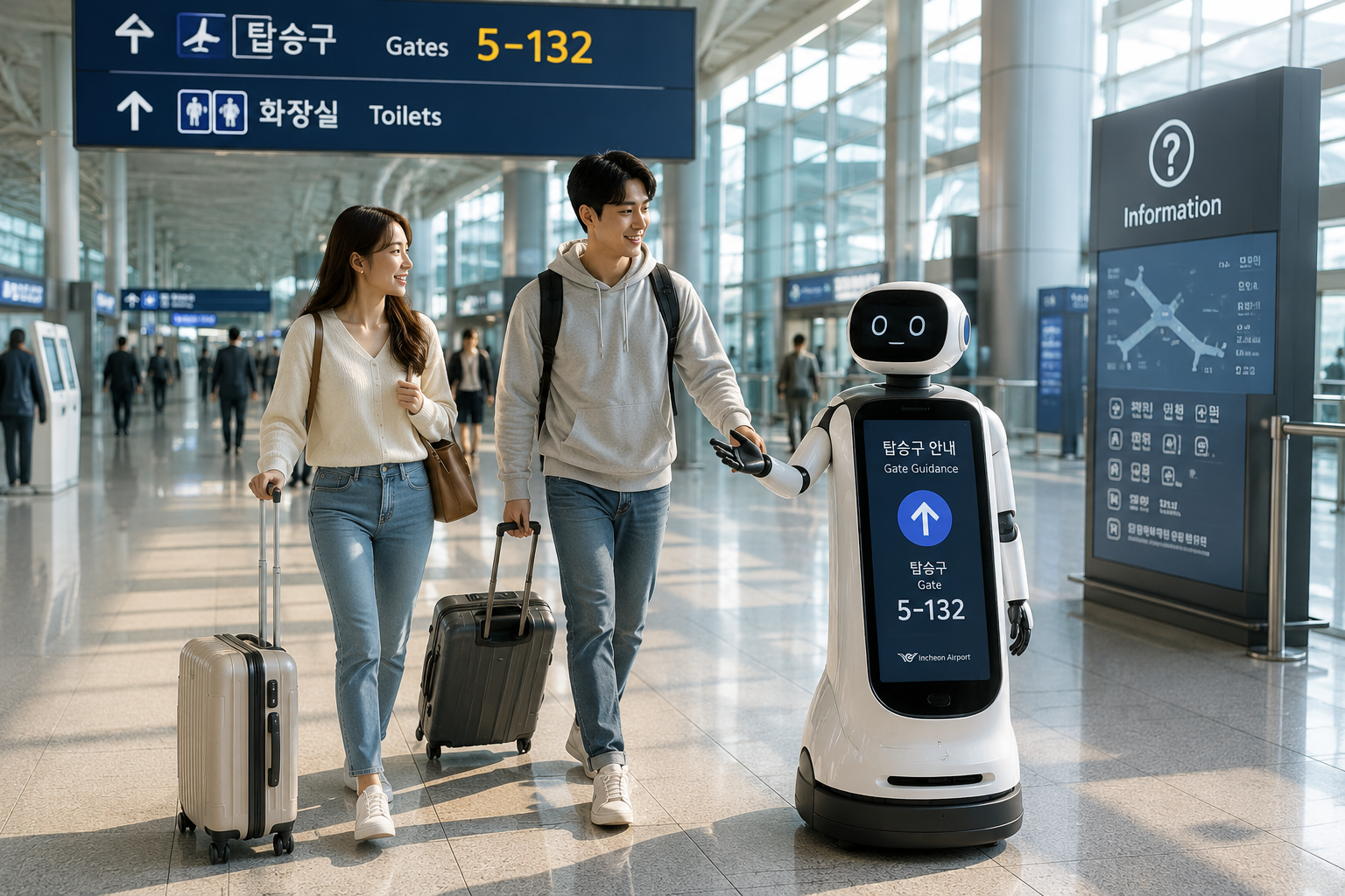 공항 터미널에서 안내 로봇이 여행객에게 탑승구까지 길을 안내하는 모습