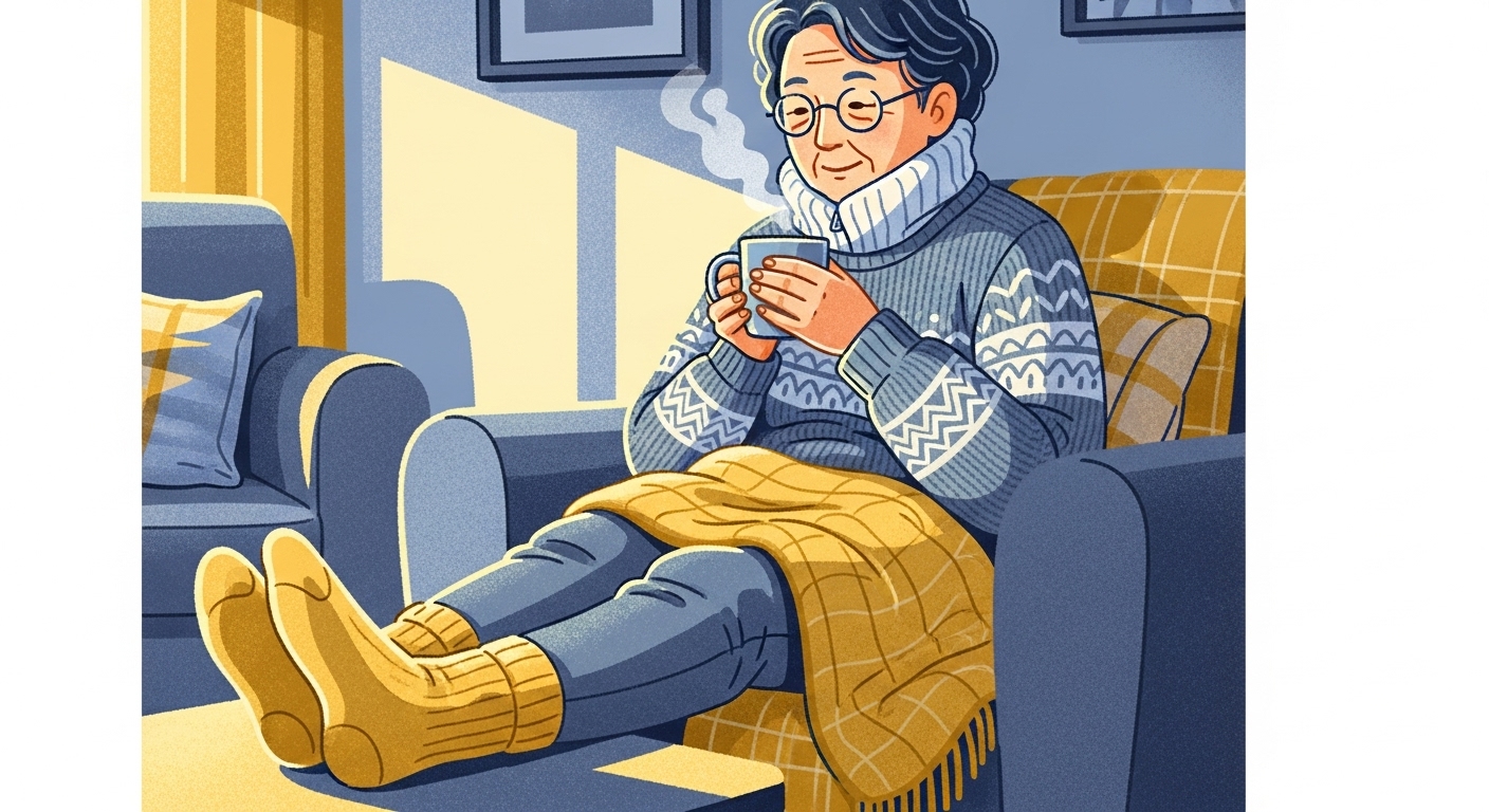 따뜻한 내복과 스웨터를 입고 따뜻한 차를 마시며 편안하게 쉬는 시니어의 모습. 옷차림과 차 한 잔으로 난방비를 절약하는 모습을 보여줍니다.